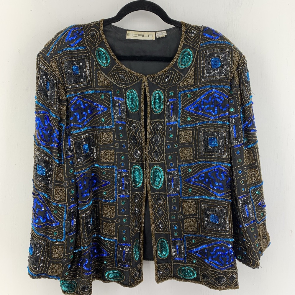 Vintage Scala Womens 4X Sequin Beaded Jacket Money Luxe Party Glam Colorful